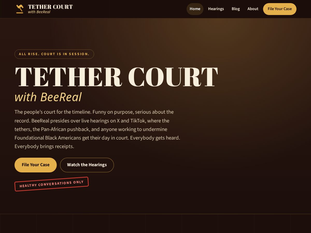 Landing-page snapshot of tethercourt.com