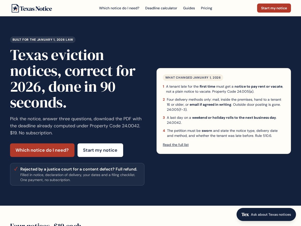 Landing-page snapshot of texasnotice.com