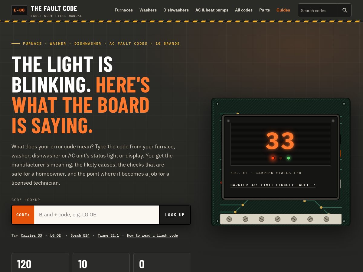 Landing-page snapshot of thefaultcode.com