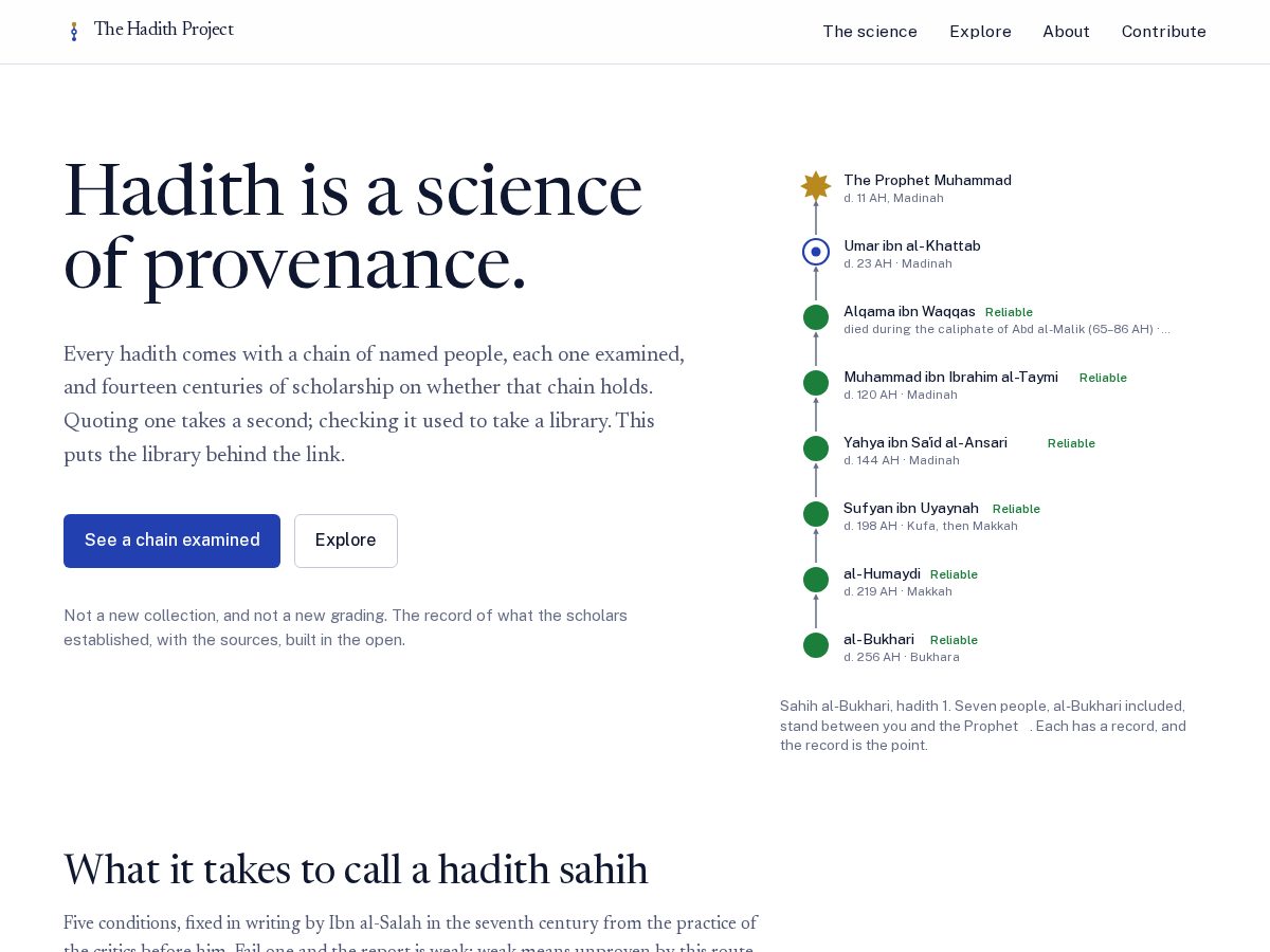 Landing-page snapshot of thehadithproject.com