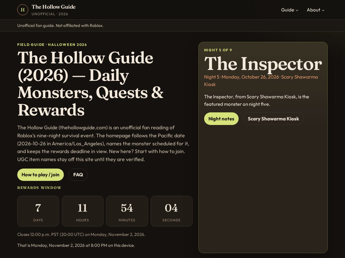 Landing-page snapshot of thehollowguide.com