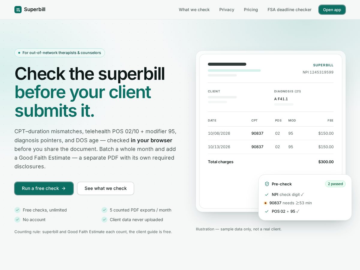 Landing-page snapshot of therapysuperbill.com