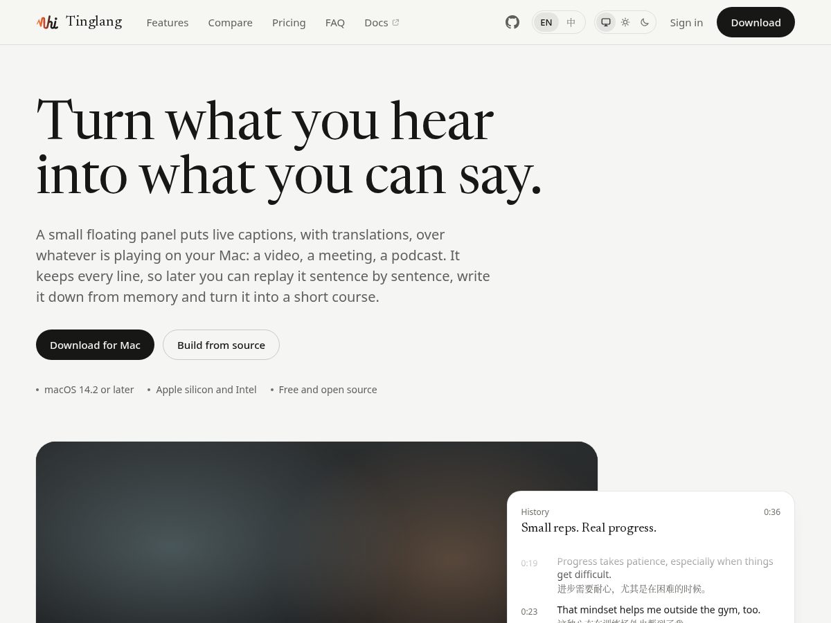 Landing-page snapshot of tinglang.app
