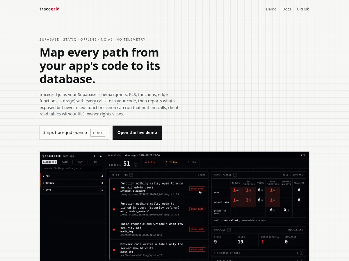 Landing-page snapshot of tracegrid.dev
