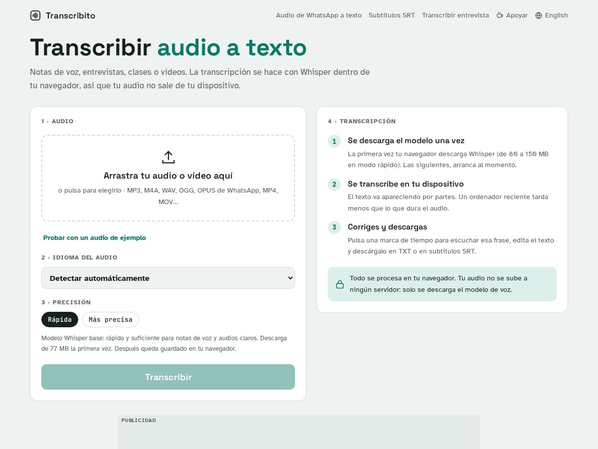 Landing-page snapshot of transcribito.com