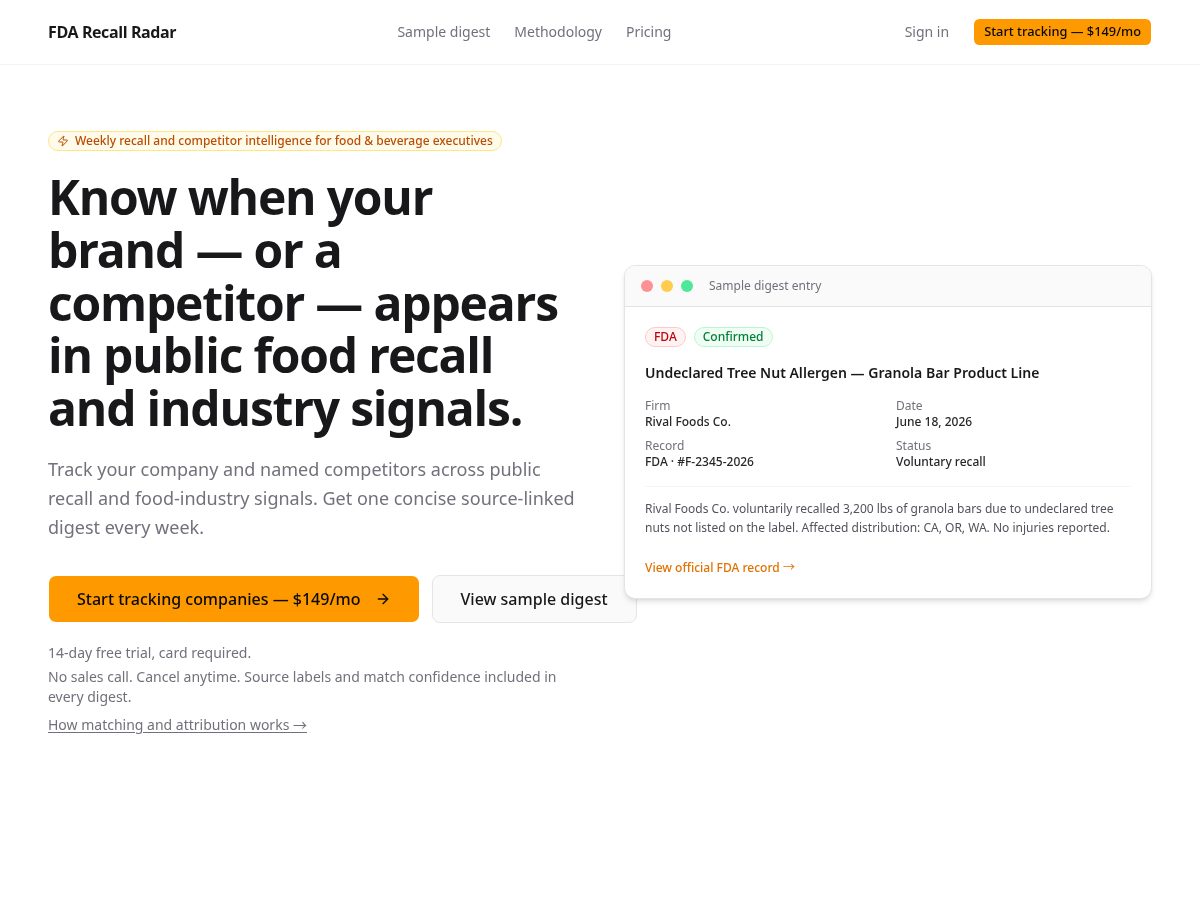 Landing-page snapshot of tryfdarecallradar.com