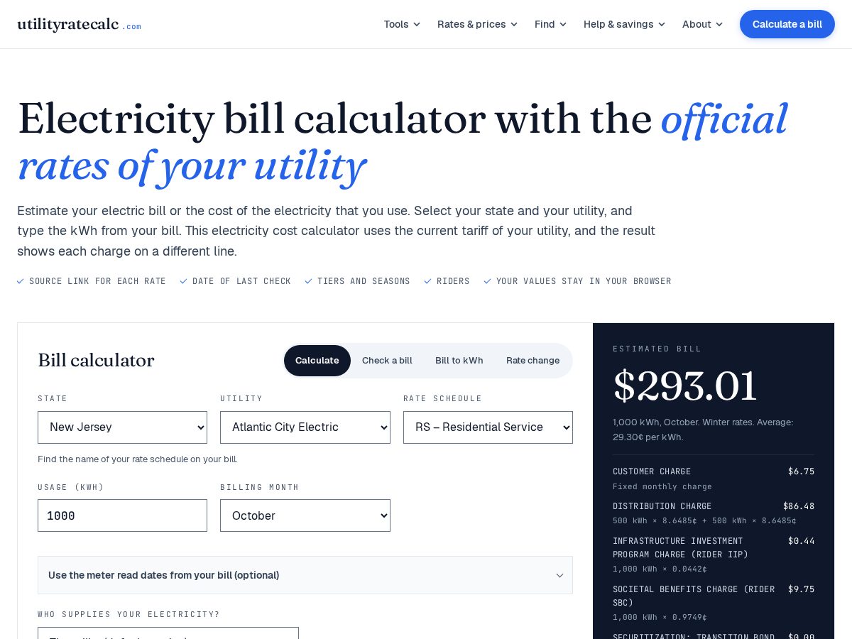 Landing-page snapshot of utilityratecalc.com
