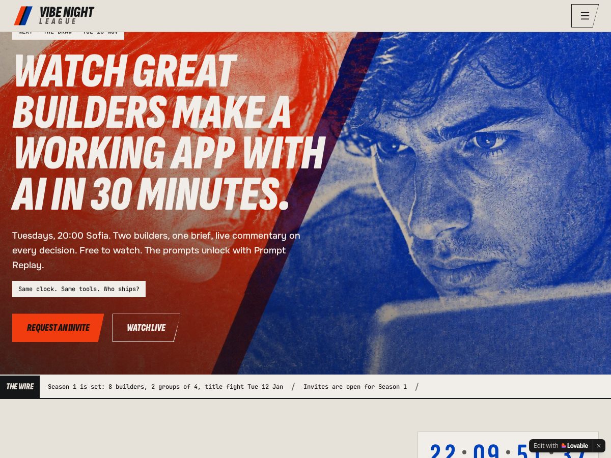 Landing-page snapshot of vibenightleague.com