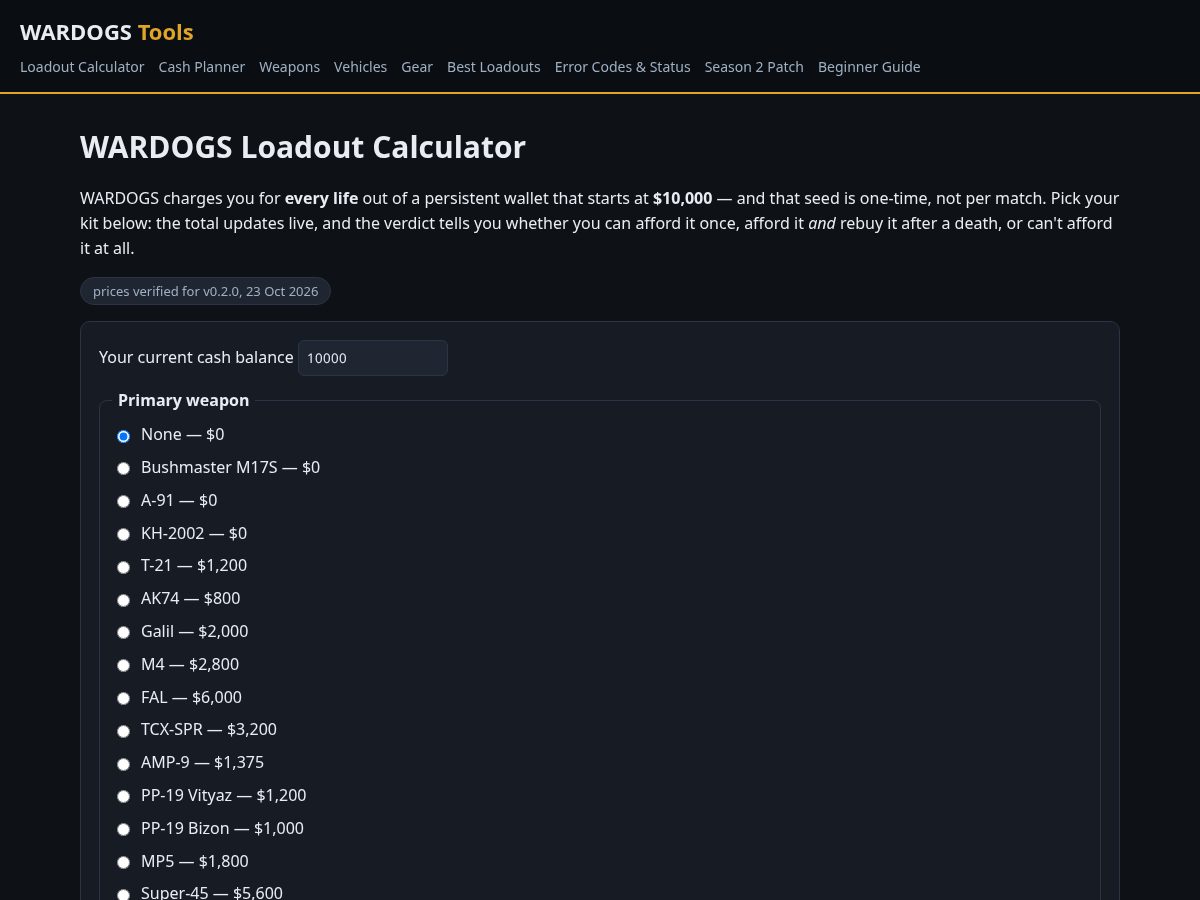 Landing-page snapshot of wardogscalculator.com