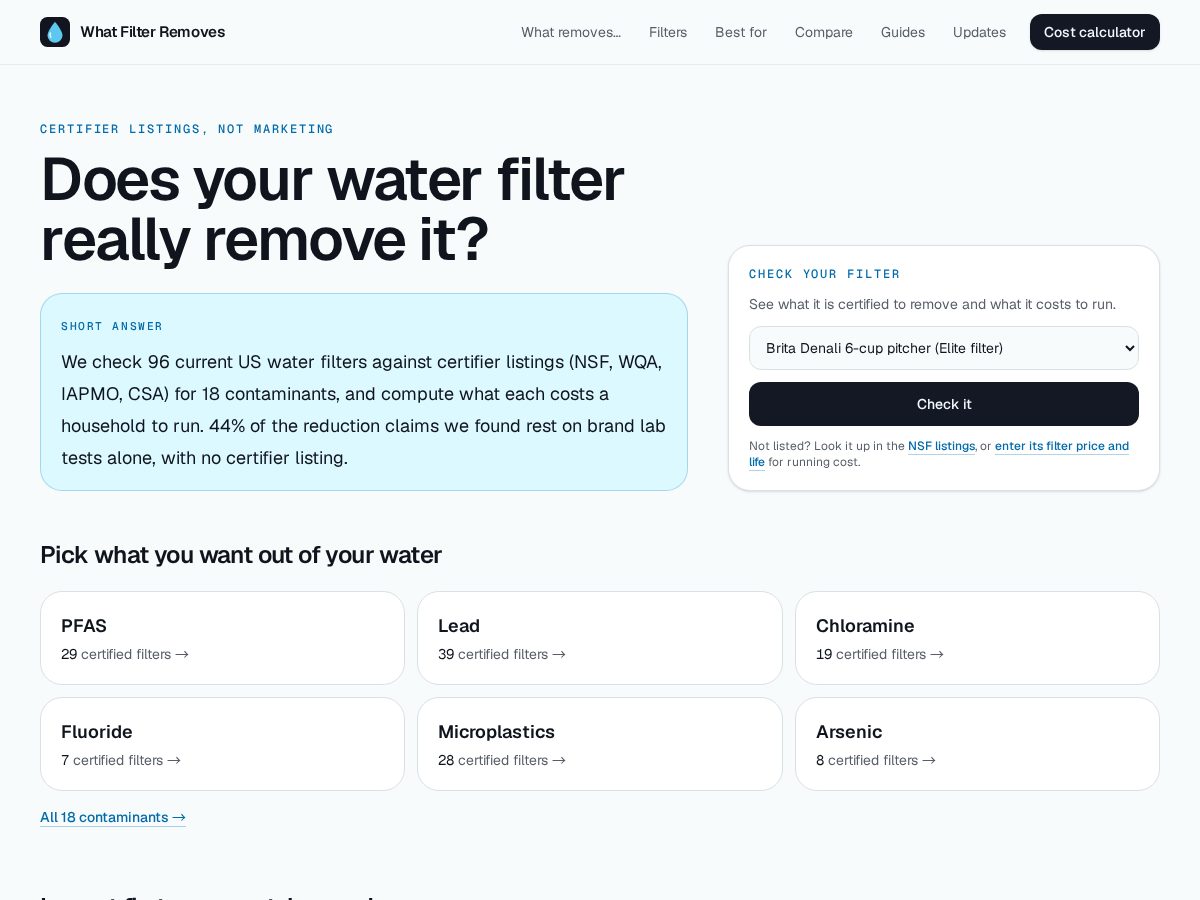 Landing-page snapshot of whatfilterremoves.com