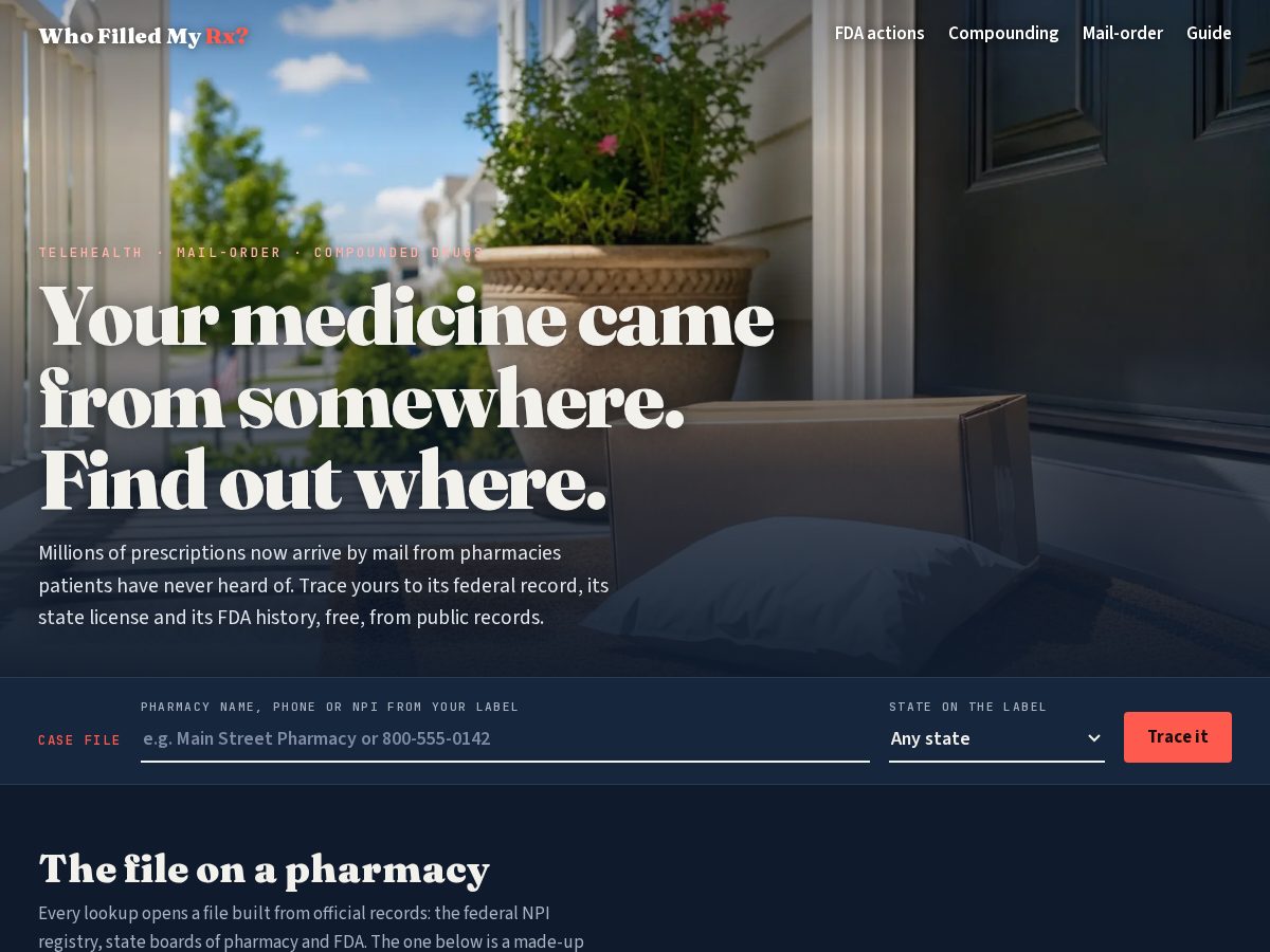 Landing-page snapshot of whofilledmyrx.com