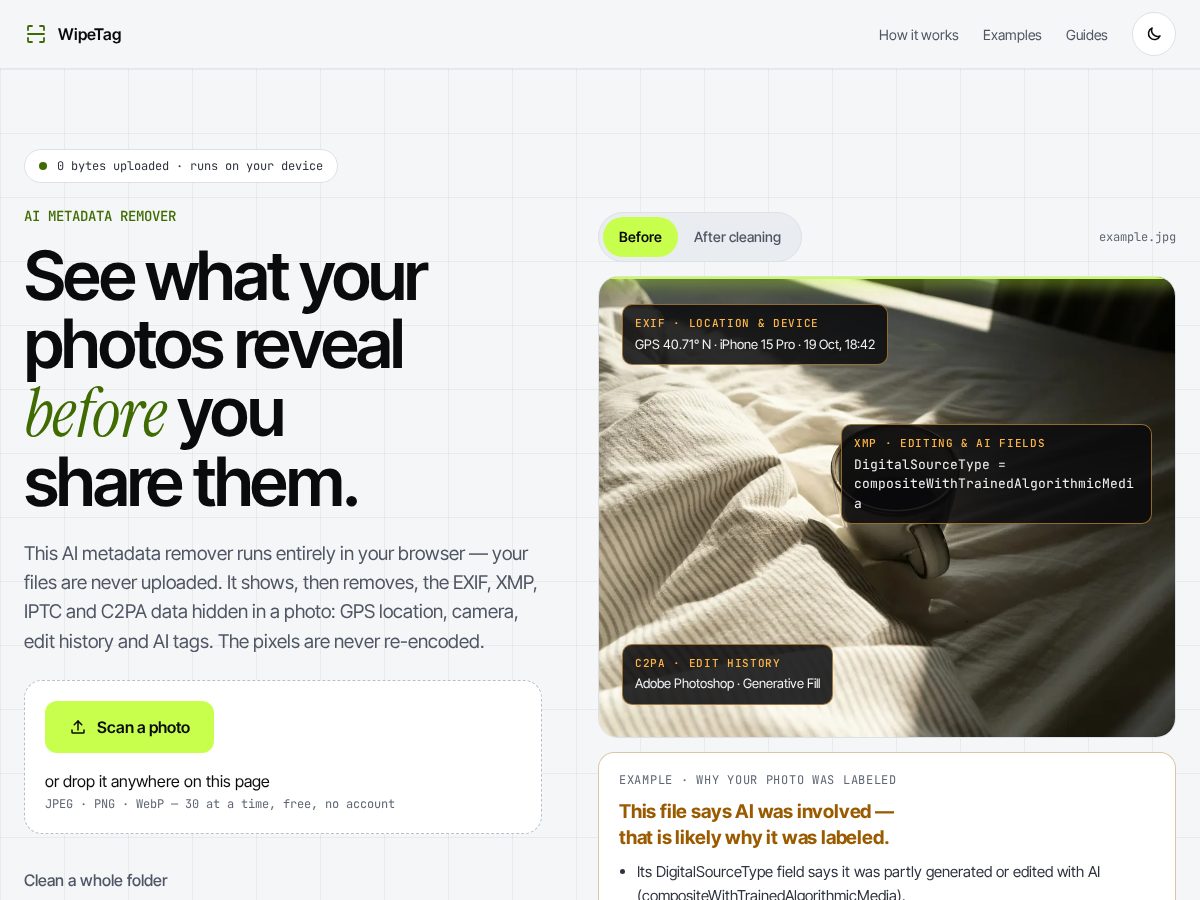 Landing-page snapshot of wipetag.com