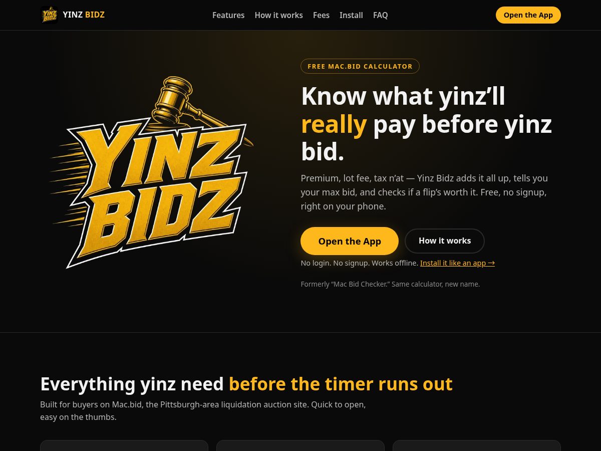 Landing-page snapshot of yinzbidz.app