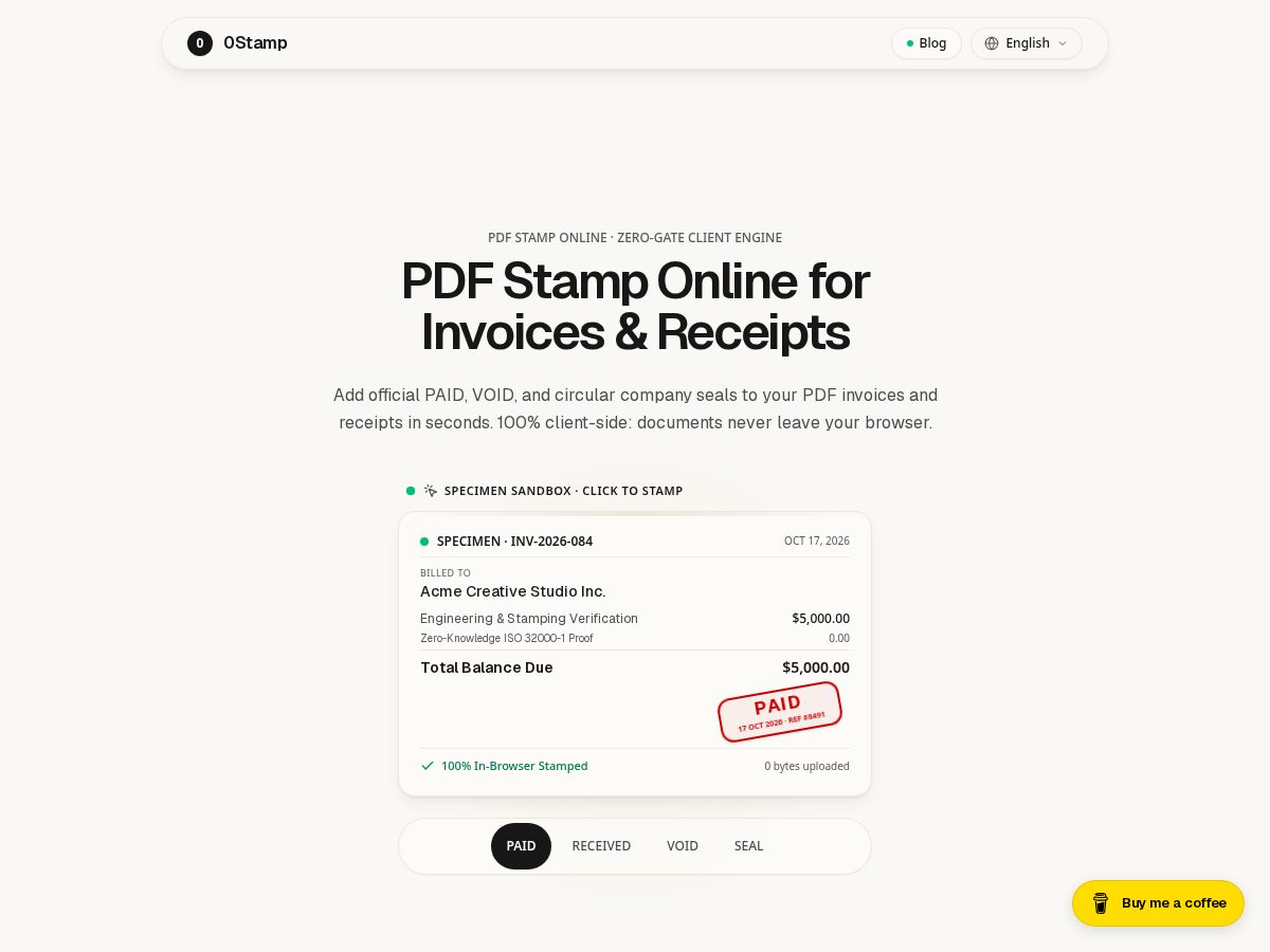 Landing-page snapshot of 0stamp.com