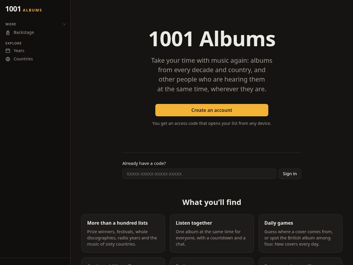 Landing-page snapshot of 1001albums.org