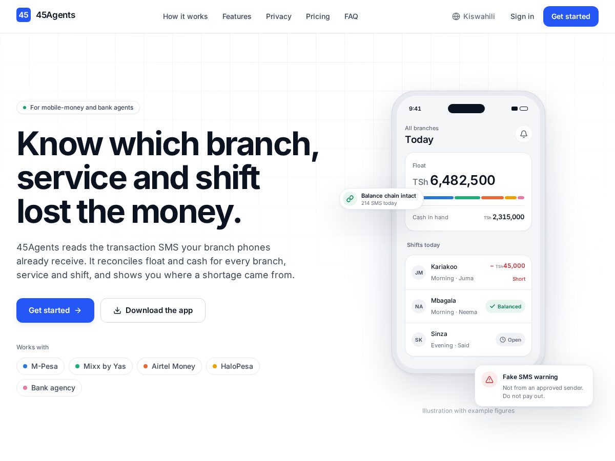 Landing-page snapshot of 45agents.com