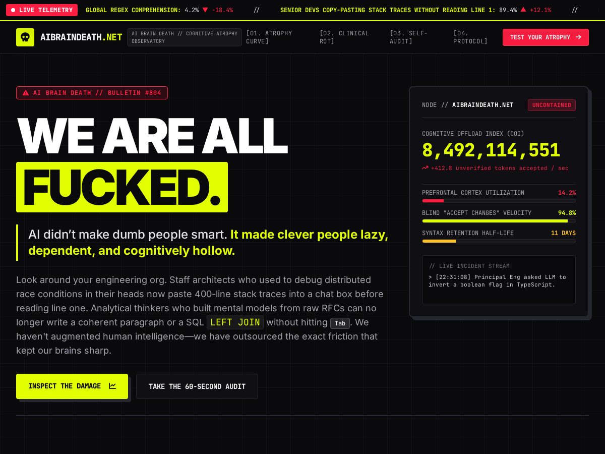 Landing-page snapshot of aibraindeath.net