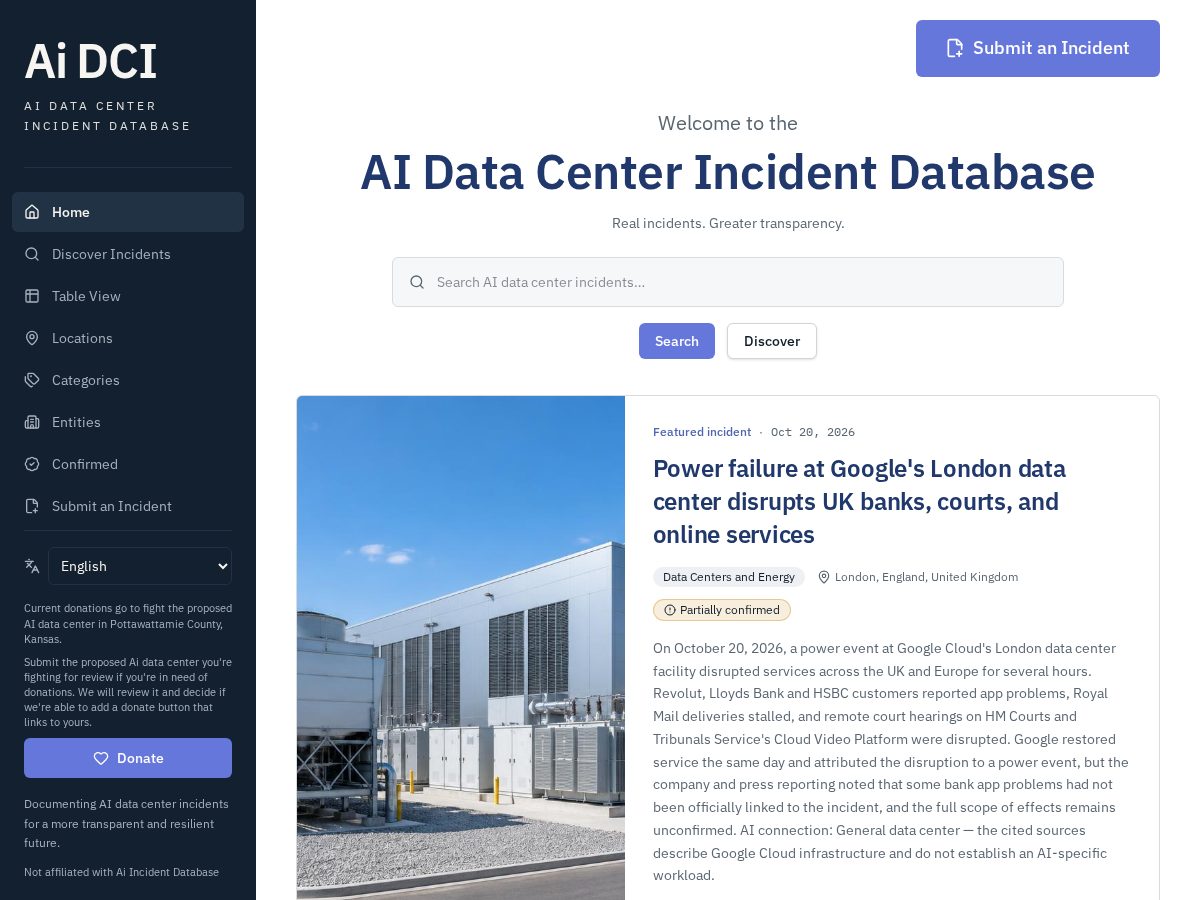 Landing-page snapshot of aidatacenterincident.com