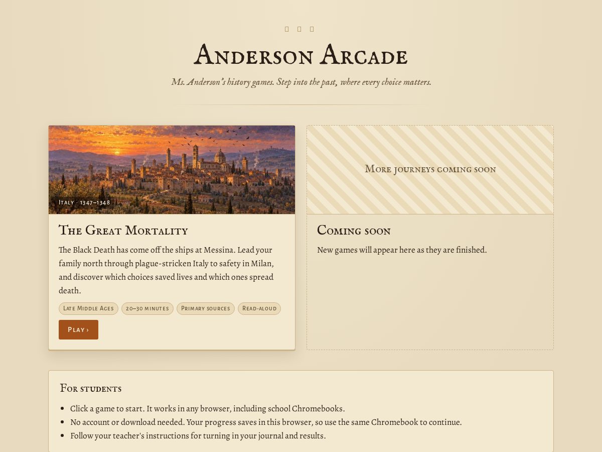 Landing-page snapshot of andersonarcade.com
