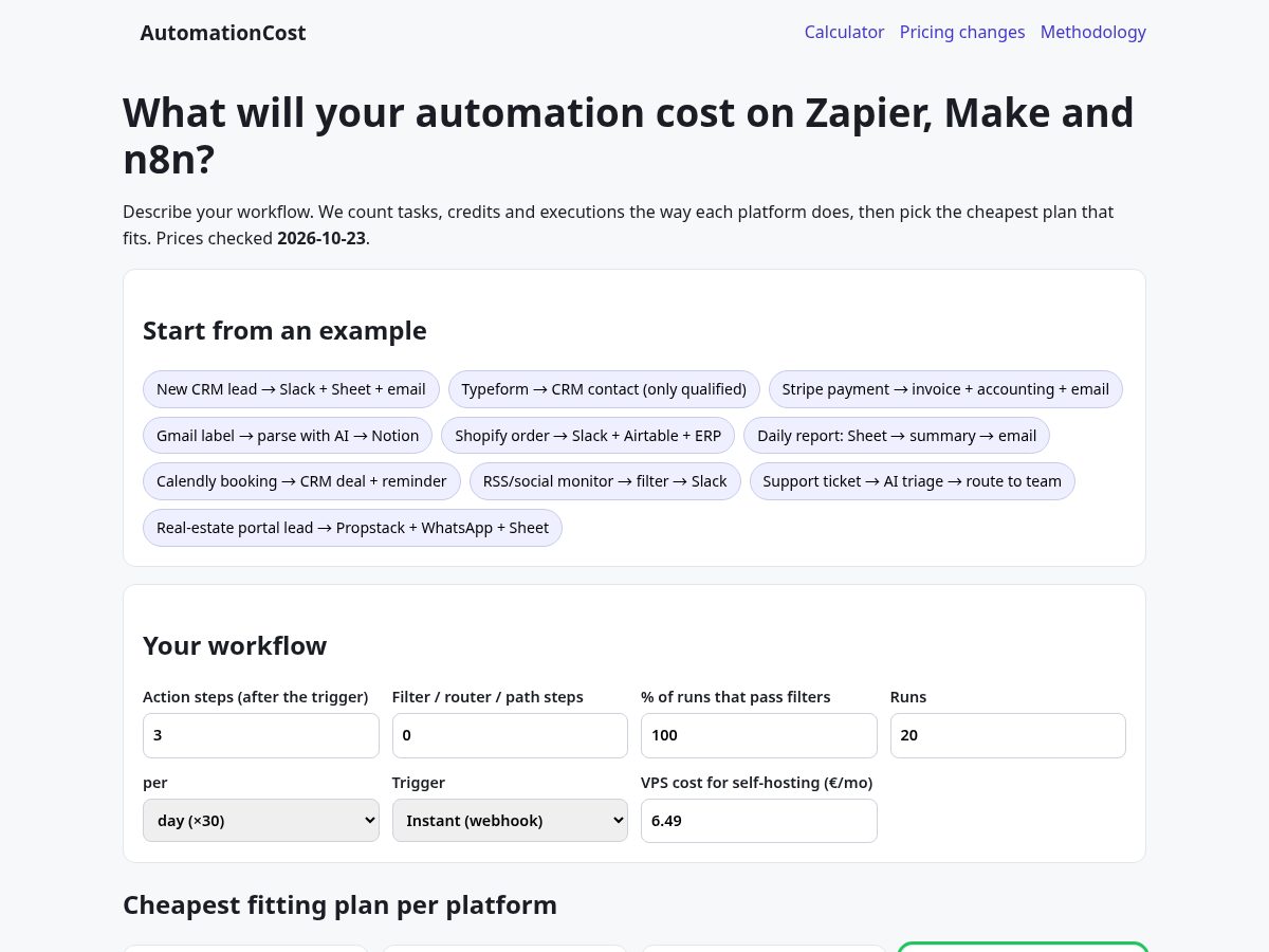 Landing-page snapshot of automationcost.app