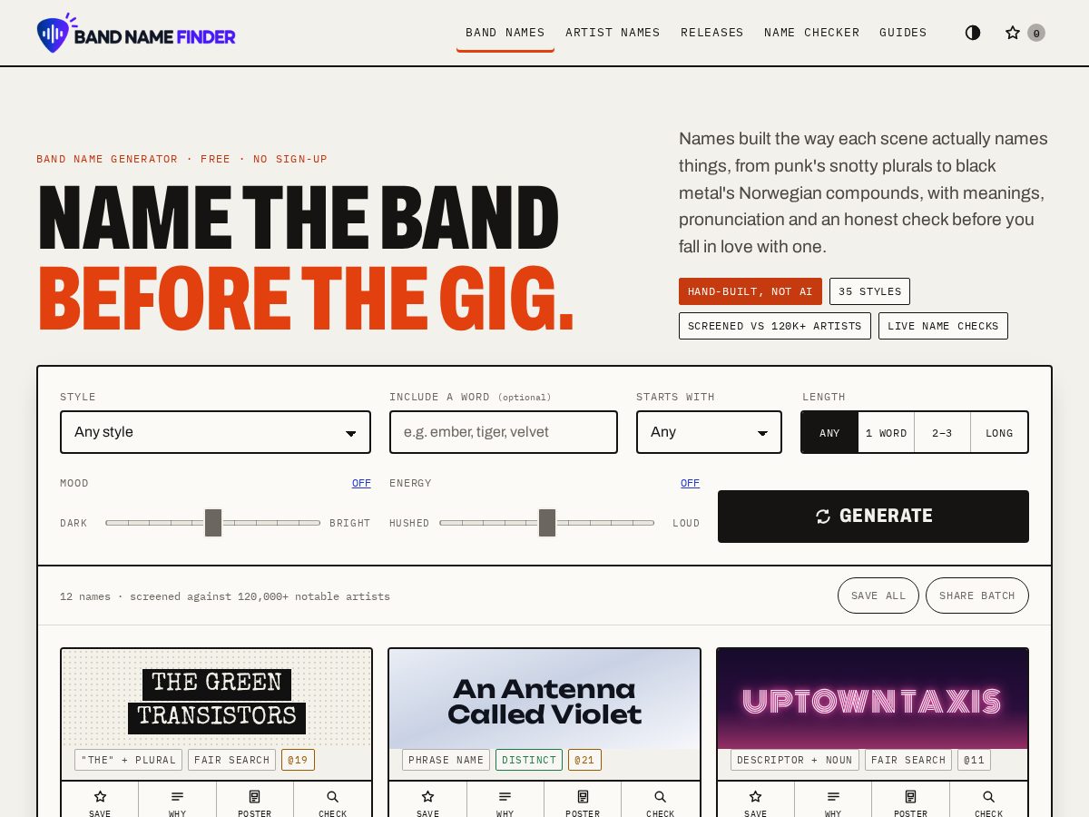 Landing-page snapshot of bandnamefinder.com