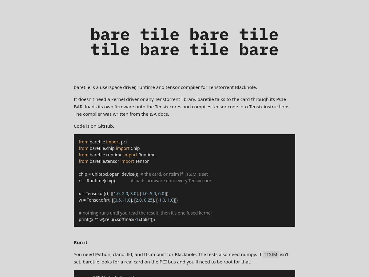 Landing-page snapshot of baretile.com
