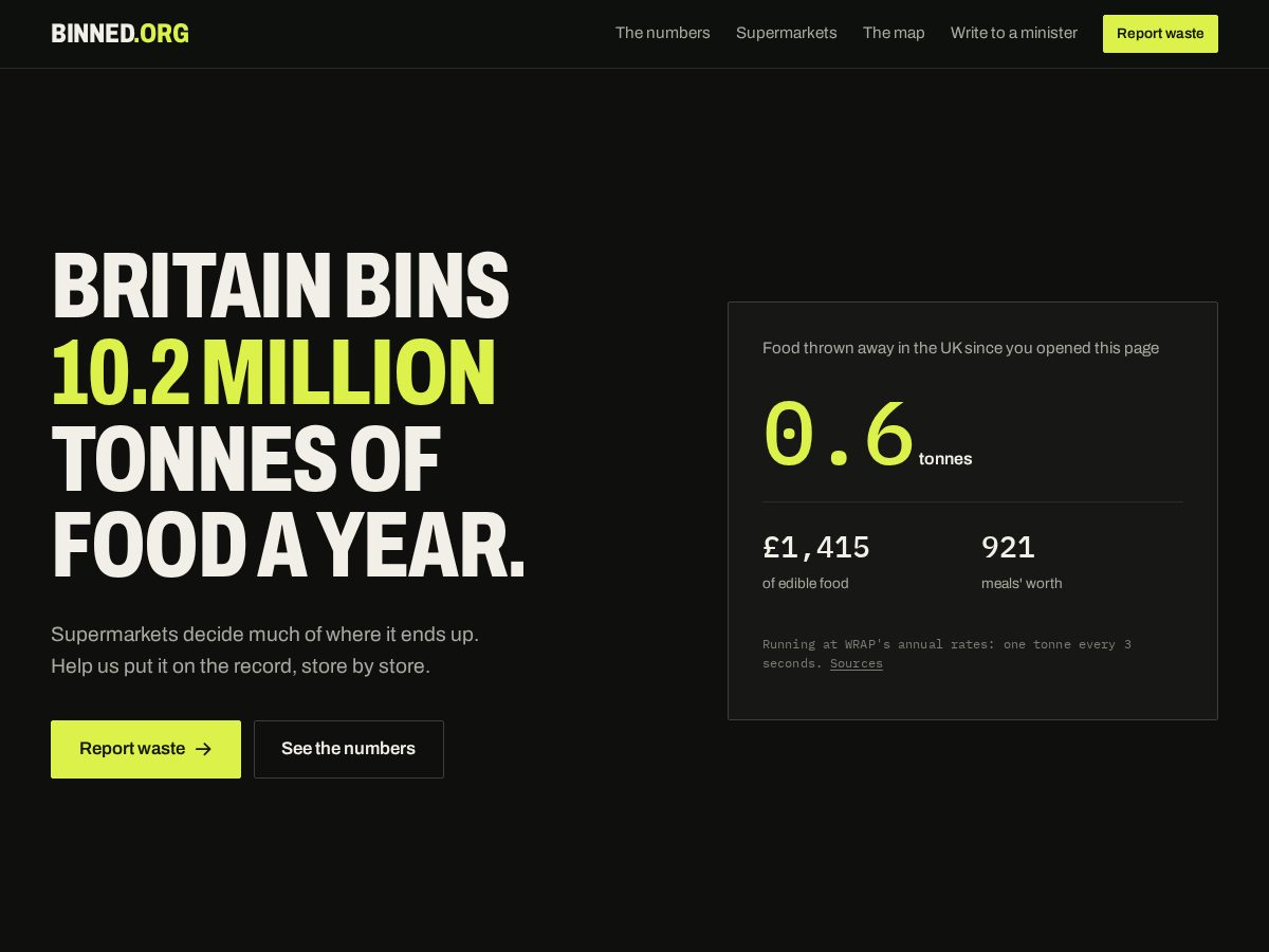 Landing-page snapshot of binned.org