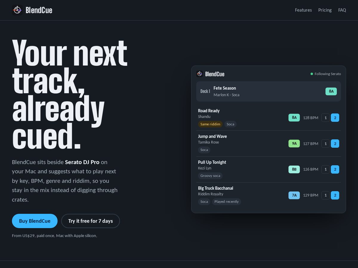 Landing-page snapshot of blendcue.com