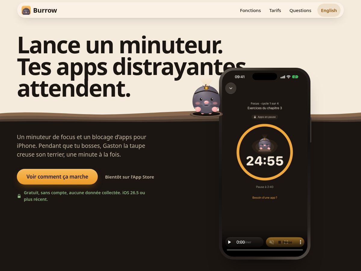 Landing-page snapshot of burrowfocus.app