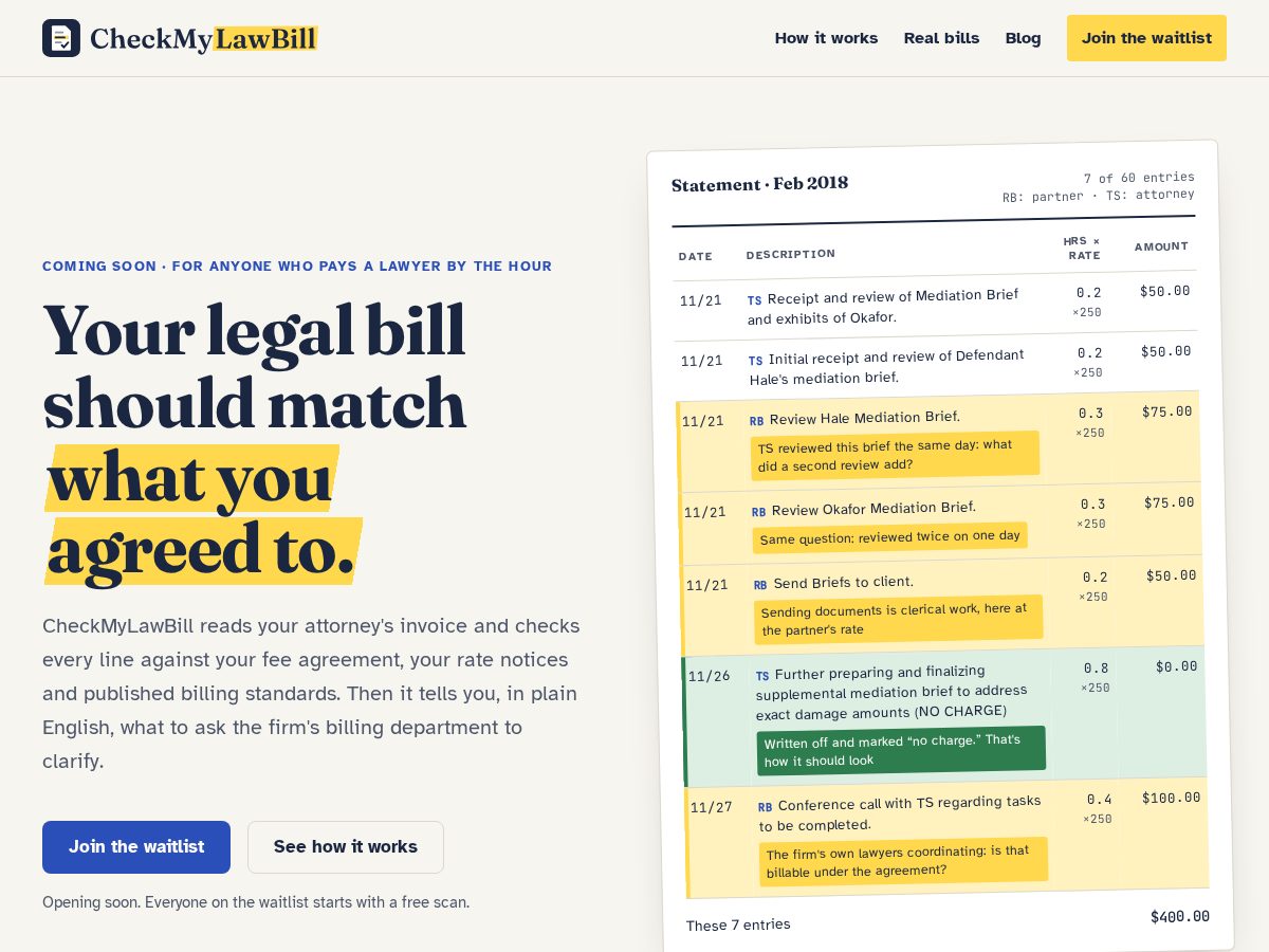 Landing-page snapshot of checkmylawbill.com
