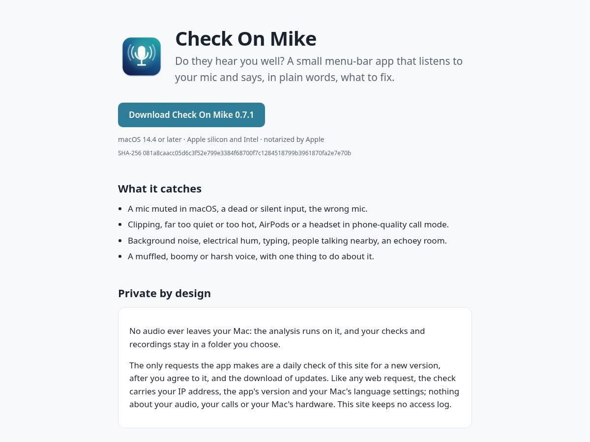 Landing-page snapshot of checkonmike.com