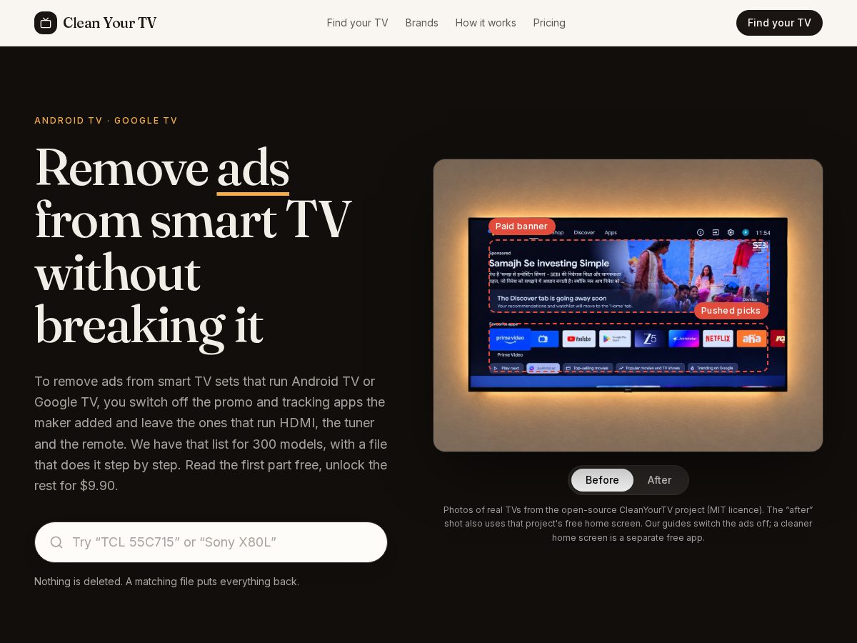 Landing-page snapshot of cleanyourtv.store
