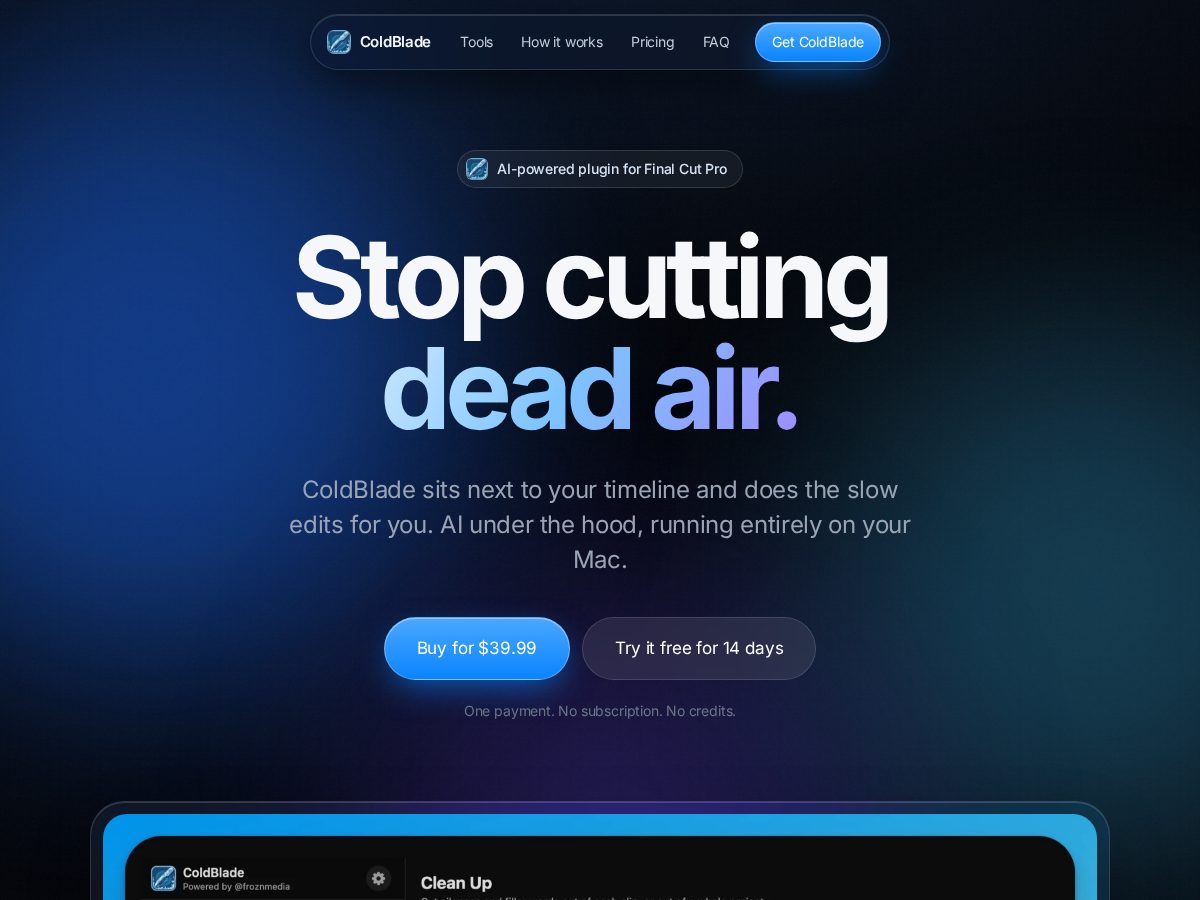 Landing-page snapshot of coldblade.app