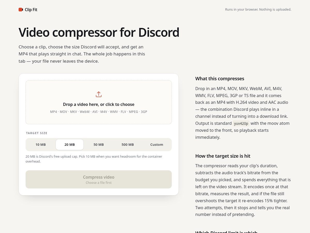 Landing-page snapshot of compressmyclip.com