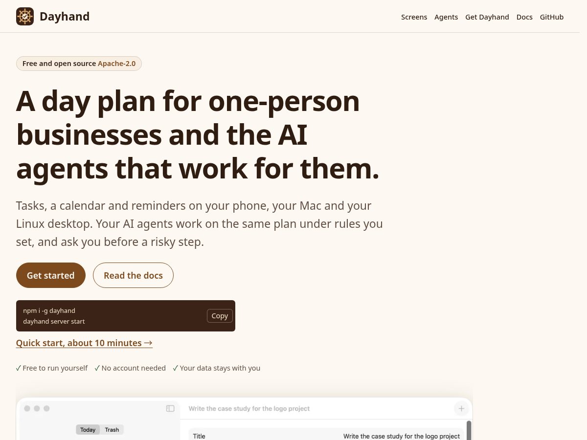 Landing-page snapshot of dayhand.dev