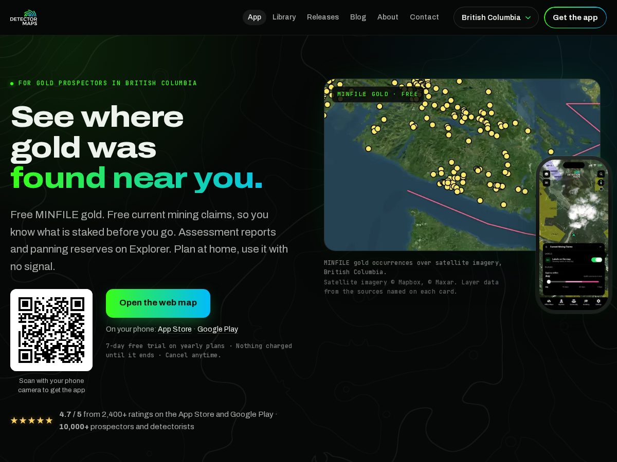 Landing-page snapshot of detectormaps.app