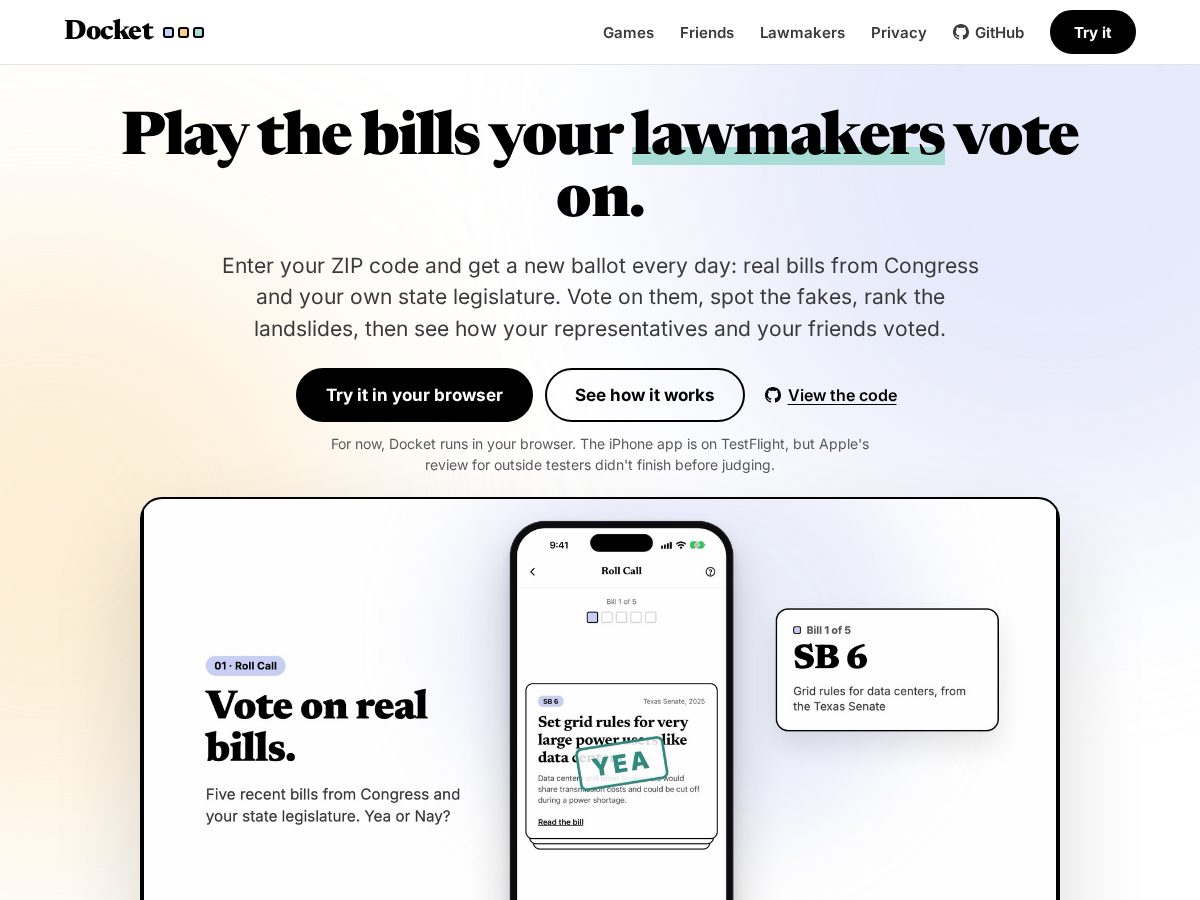 Landing-page snapshot of docketapp.tech