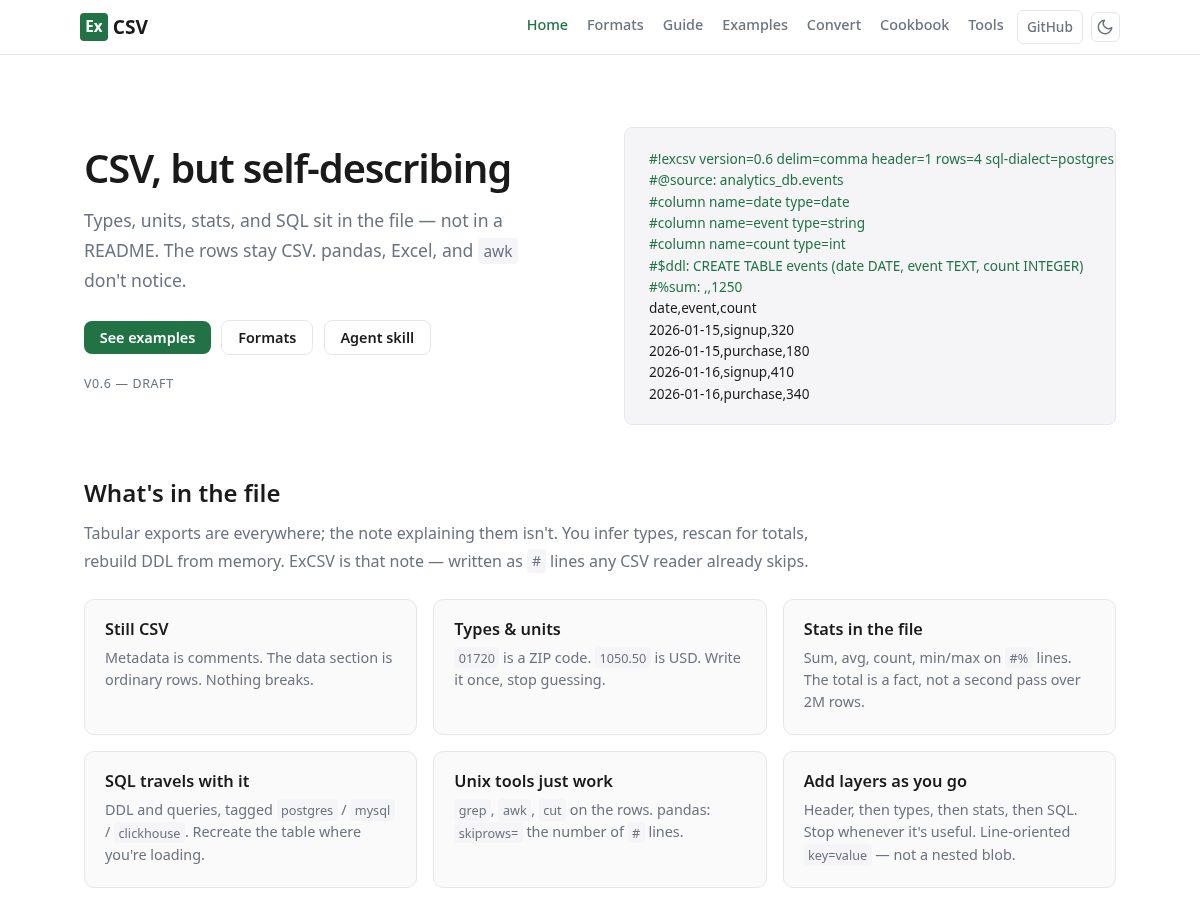 Landing-page snapshot of excsv.dev