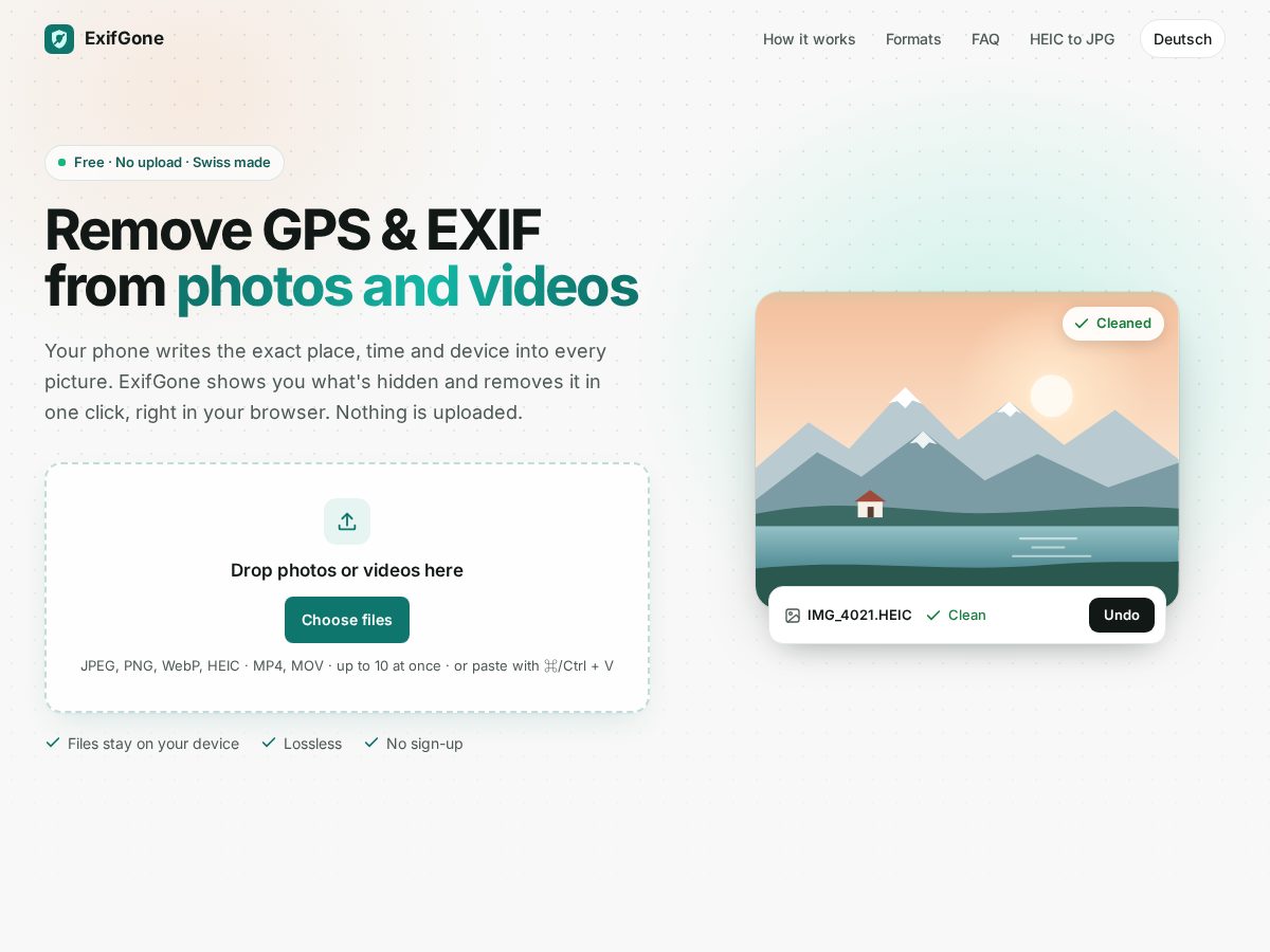 Landing-page snapshot of exifgone.com