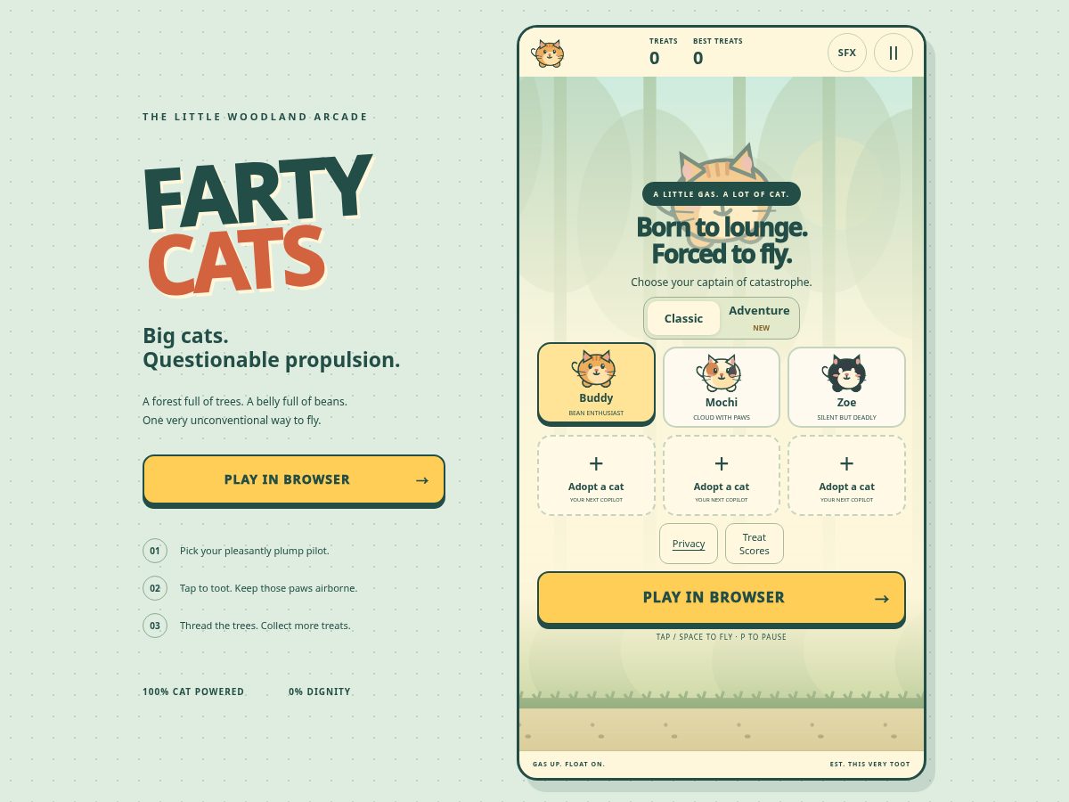 Landing-page snapshot of fartycats.com