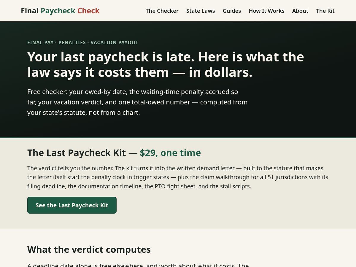 Landing-page snapshot of finalpaycheckcheck.com