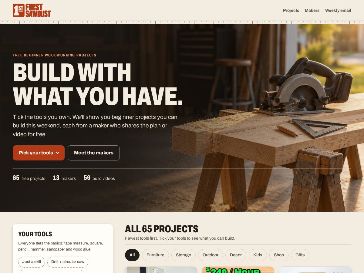 Landing-page snapshot of firstsawdust.com