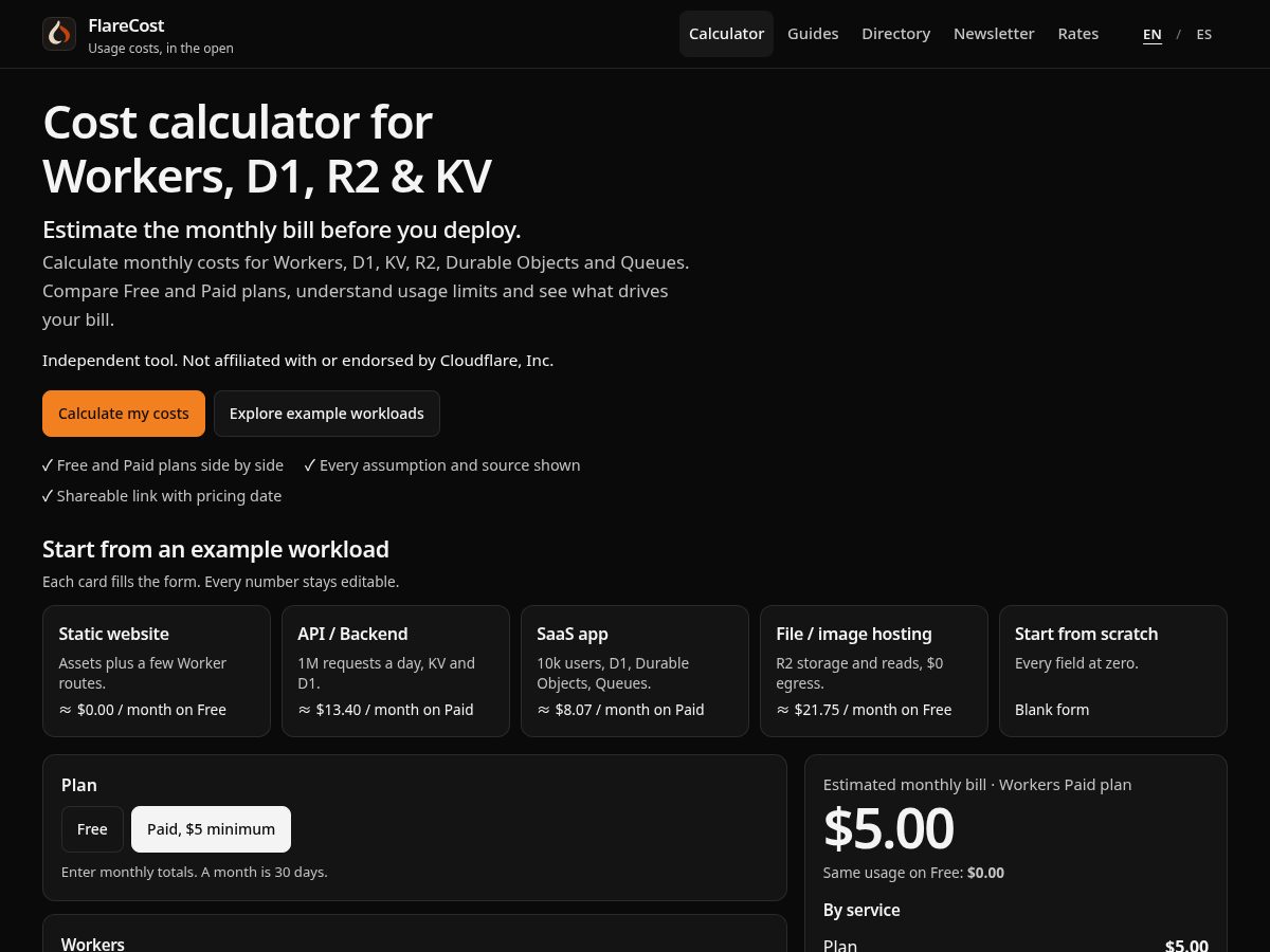 Landing-page snapshot of flarecost.com