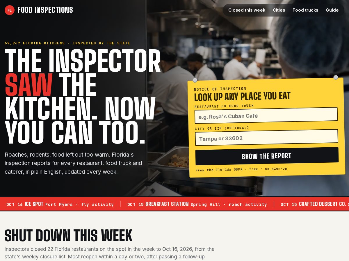Landing-page snapshot of floridafoodinspections.com