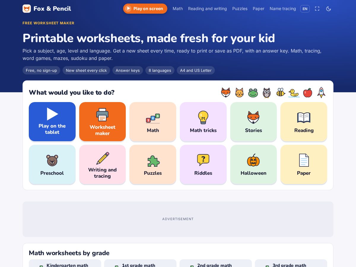 Landing-page snapshot of foxandpencil.com