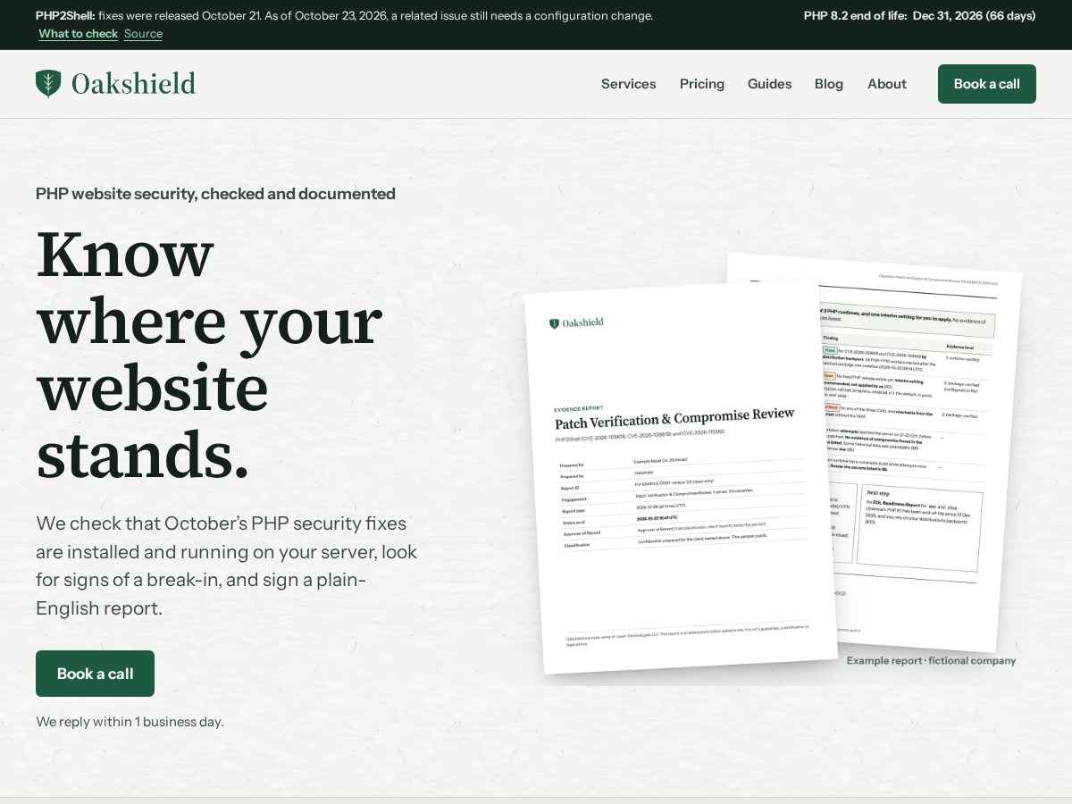 Landing-page snapshot of getoakshield.com