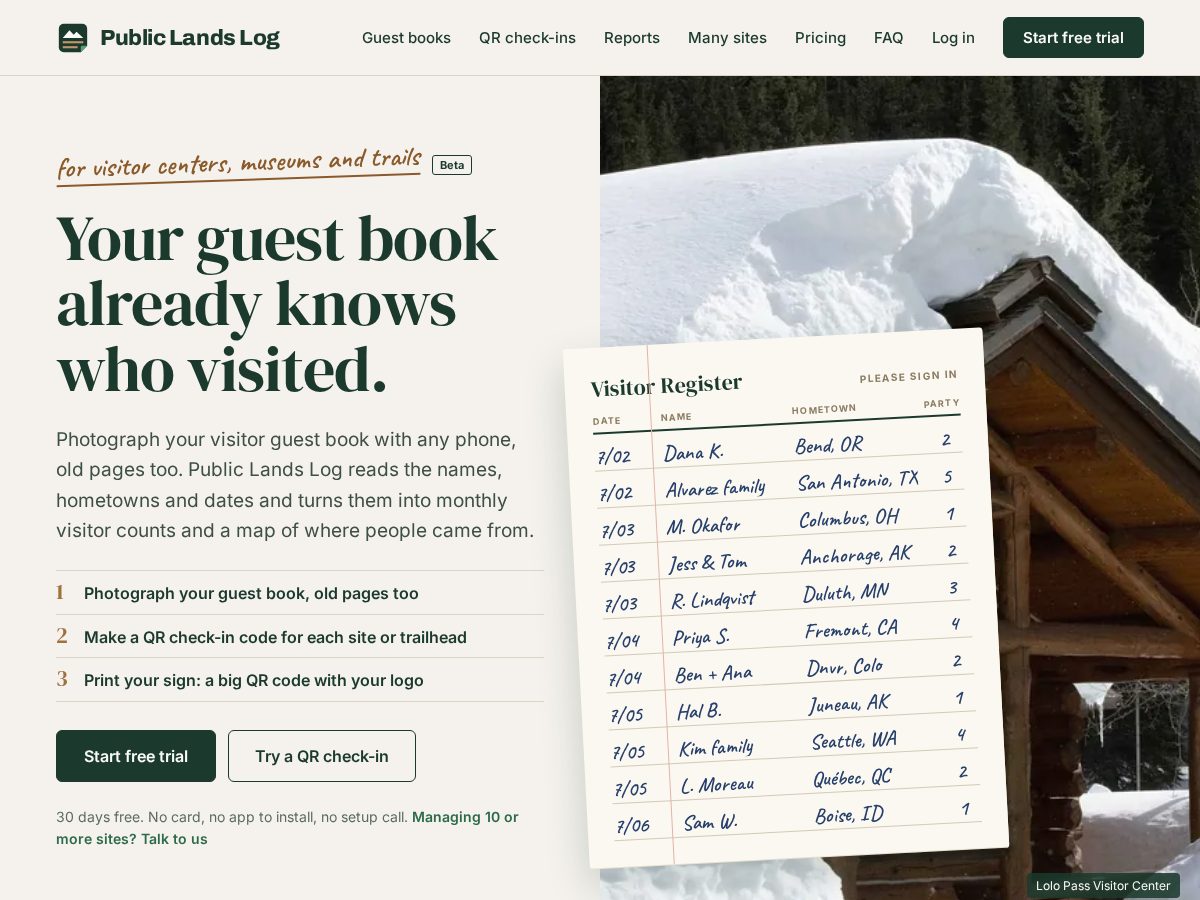 Landing-page snapshot of getpubliclandslog.com