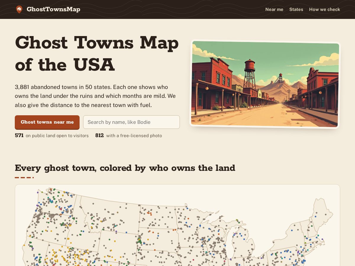 Landing-page snapshot of ghosttownsmap.com