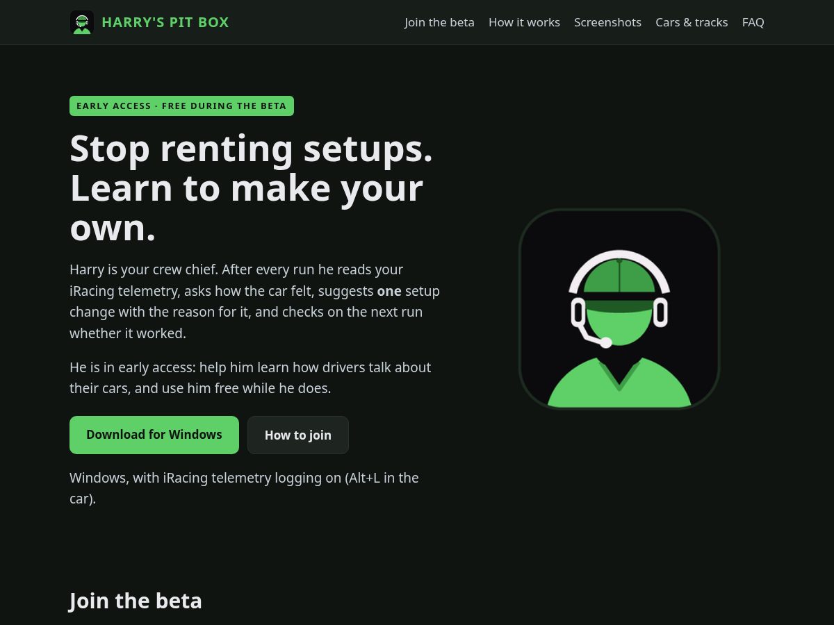 Landing-page snapshot of harryspitbox.com