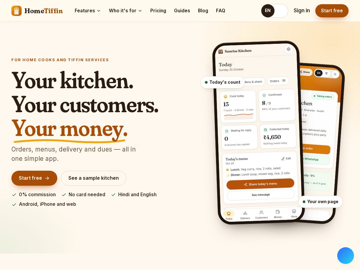 Landing-page snapshot of hometiffin.app